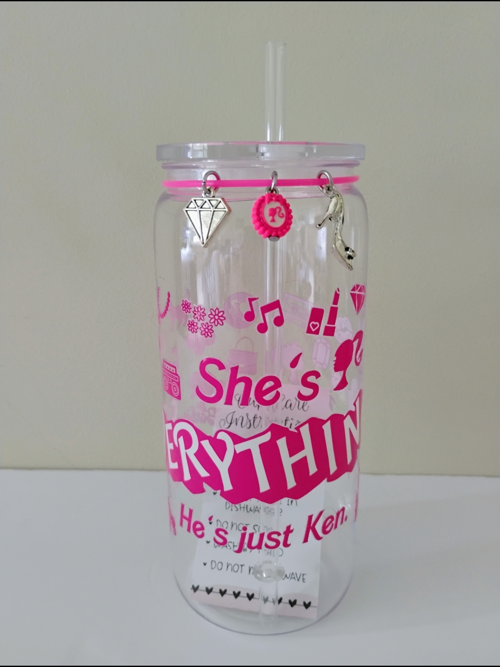 *HANDMADE* BARBIE KEN ACRYLIC TUMBLER WITH CHARMS 16 oz.